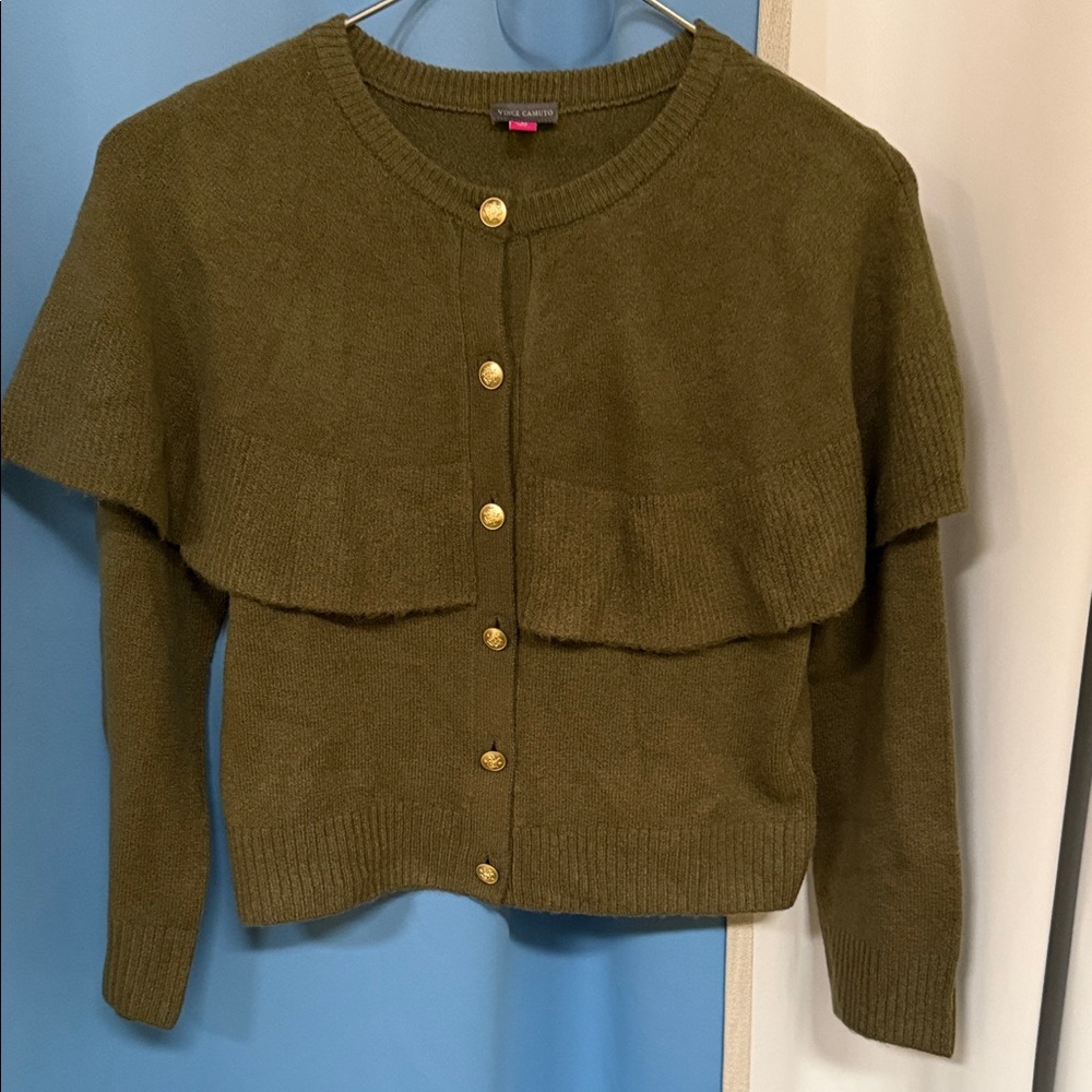 Vince Camuto Olive Green Ruffle-Overlay Button Cardigan